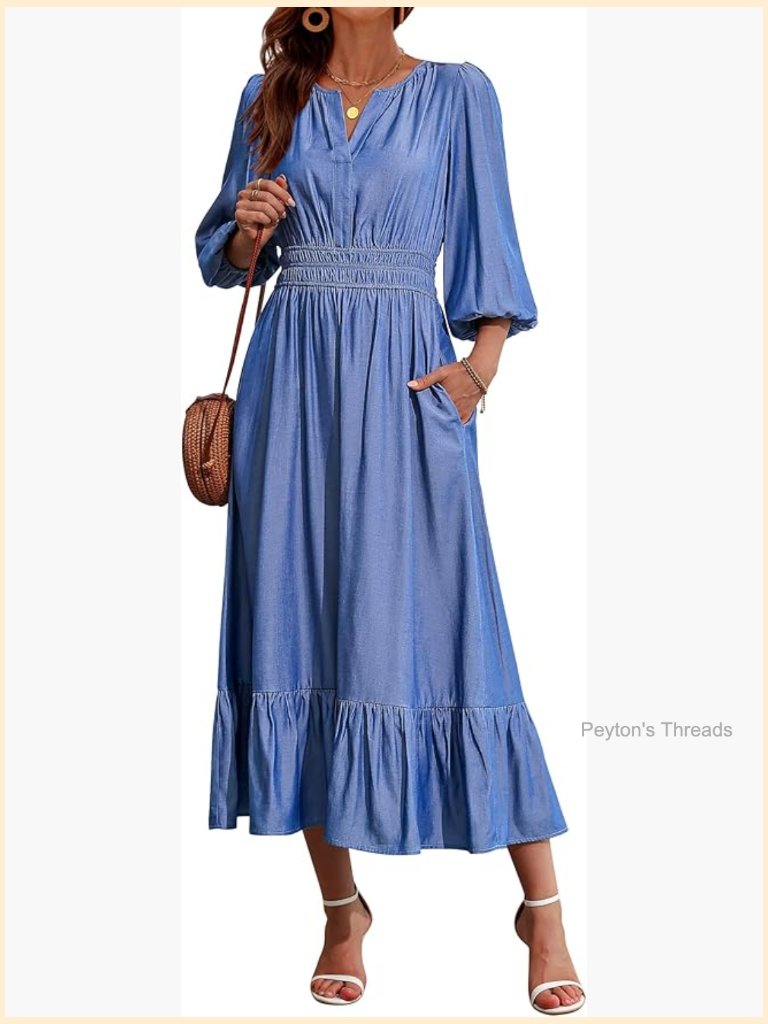 Women's Casual Maxi Dress V Neck Elbow Sleeve Pockets Tiered Summer